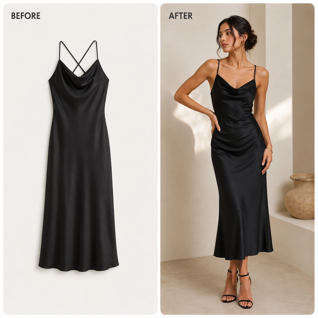 Virtual try-on of a female model wearing a stylish black dress generated by AfterTaken AI